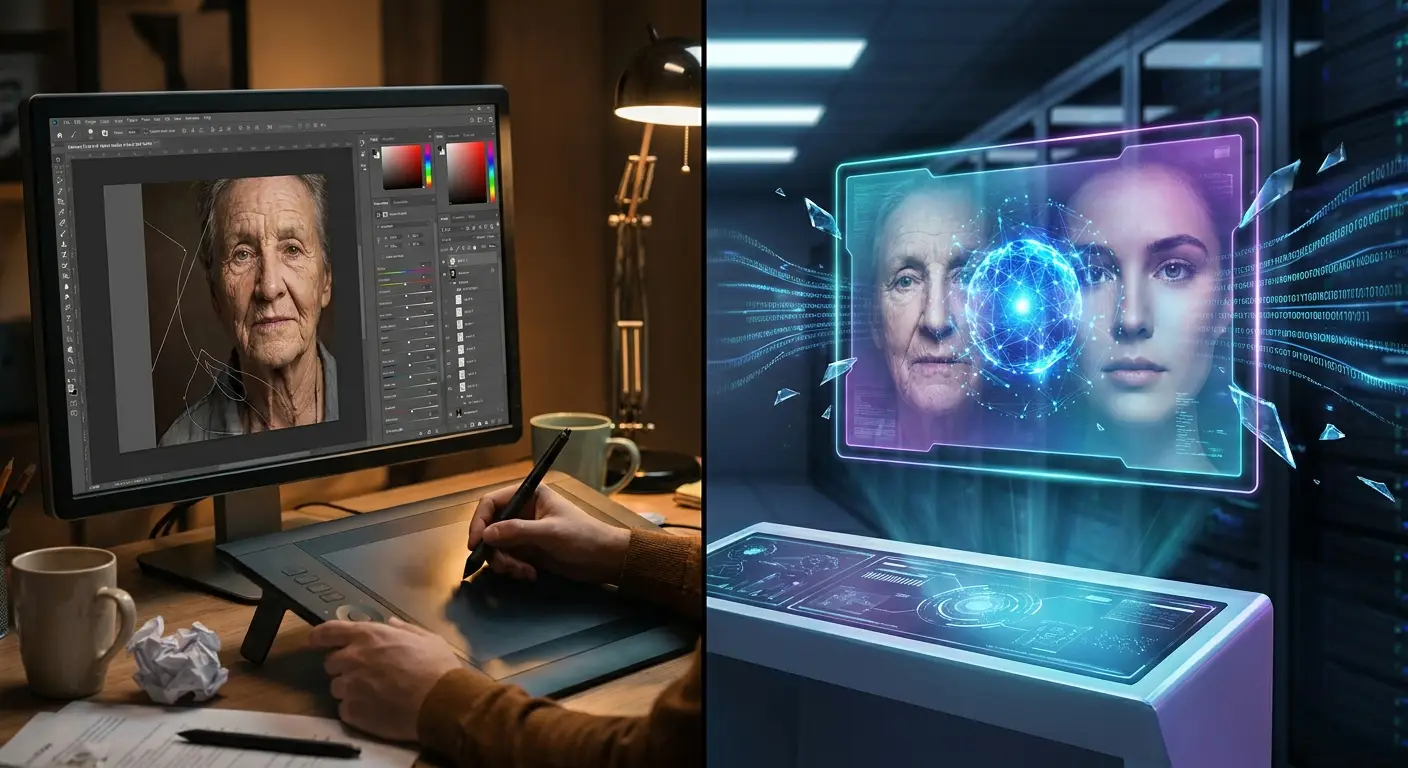 A detailed comparison between AI face swap technology and traditional manual photo editing, highlighting differences in speed, usability, accuracy, realism, required tools, and learning difficulty for beginners and professionals.
