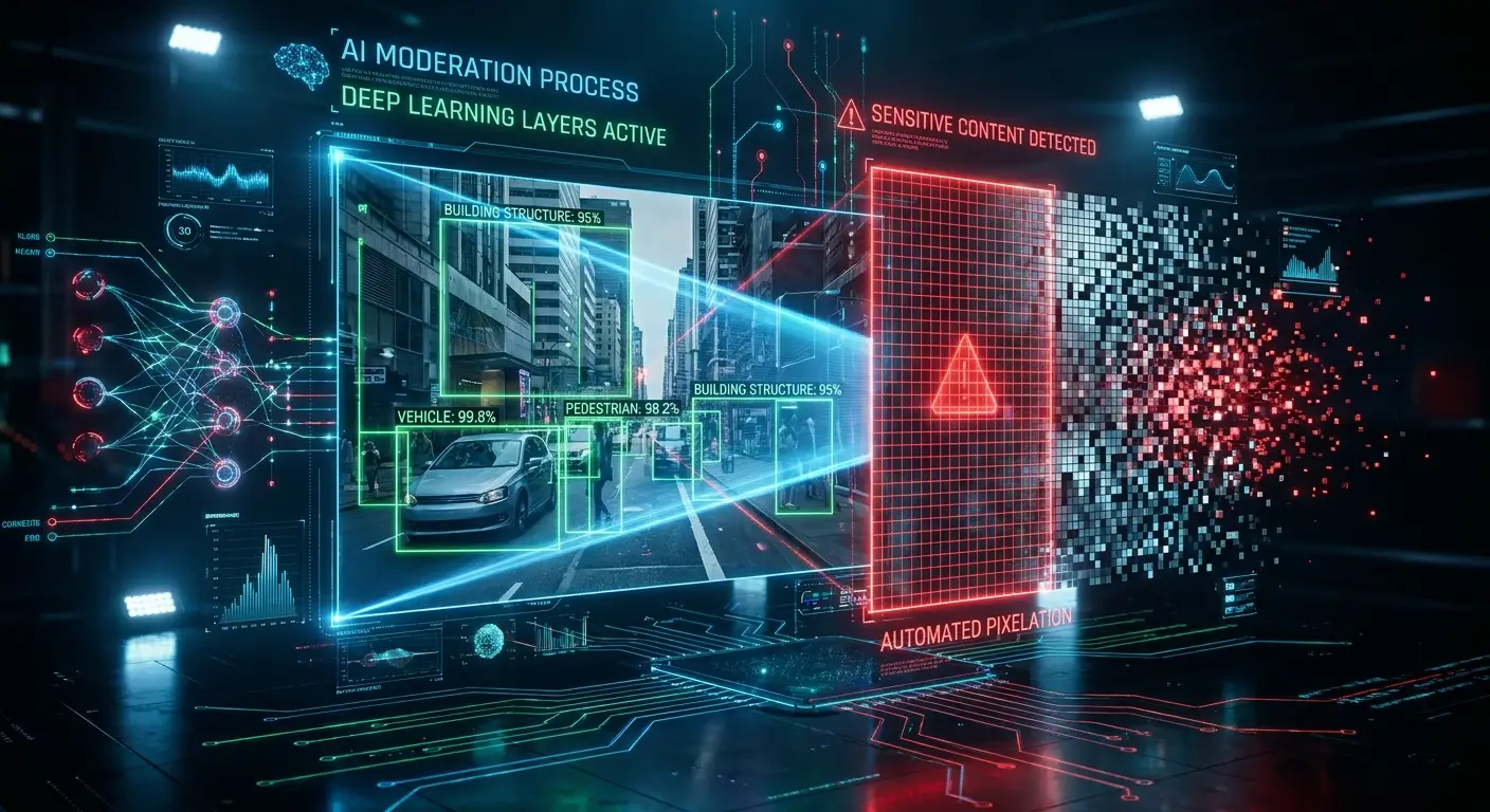 How AI Detects Inappropriate Images AI analyzing an uploaded image to detect inappropriate content through image processing, visual feature recognition, content classification, and automatic censoring.
