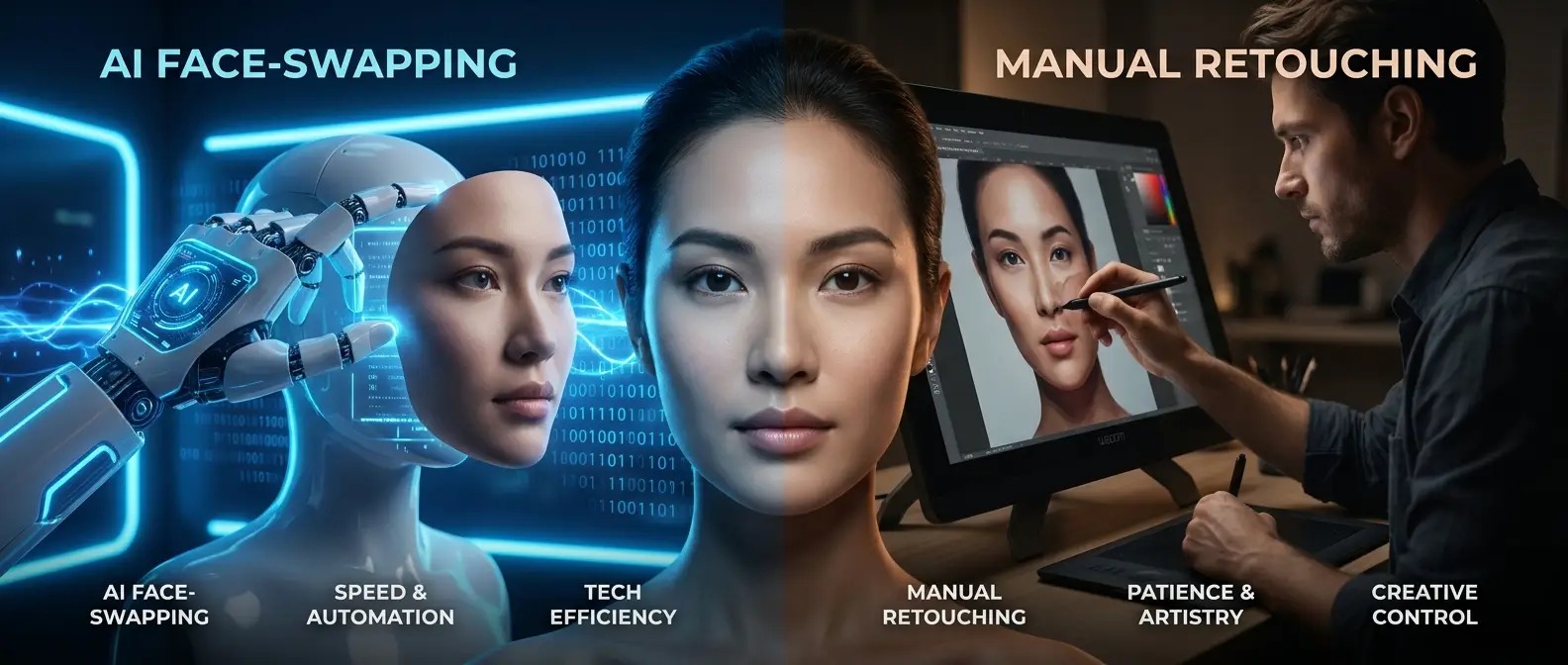 AI Face Swap vs Manual Editing: Key Differences Explained Comparison of AI face swap and manual photo editing showing differences in speed, realism, flexibility, learning curve, and cost in digital image editing.