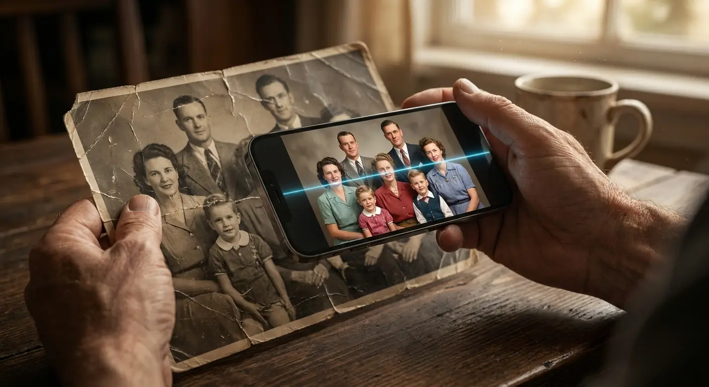 Benefits of AI Photo Restoration for Preserving Memories Restored old family photo enhanced with AI to improve quality, repair damage, and preserve precious memories