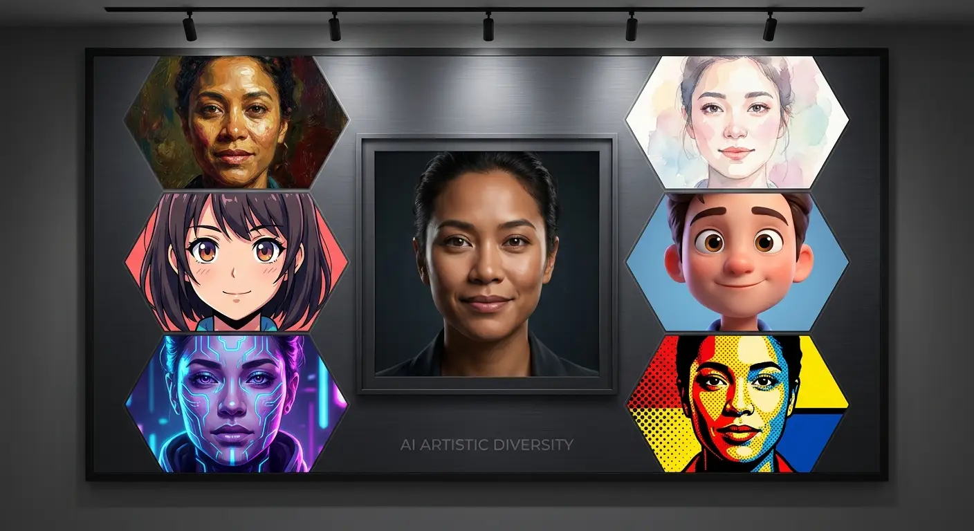 Best AI Art Styles for Selfie Portrait Transformations Selfie transformed into realistic, anime, cartoon, watercolor, cyberpunk, and pixel AI art styles for comparison