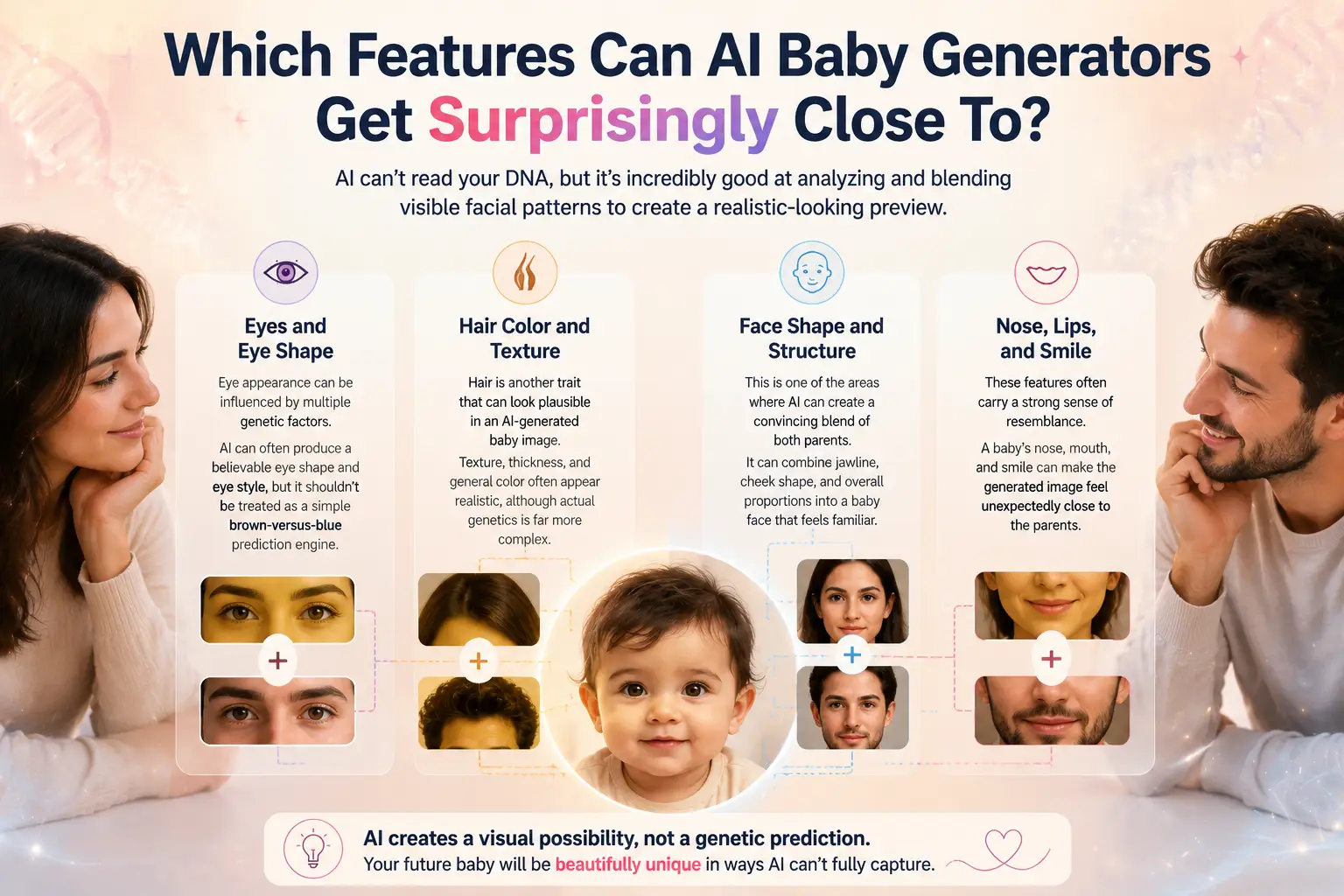AI Baby Face Features Analysis AI-generated baby face showing blended facial features from parents’ eyes, hair, and facial structure