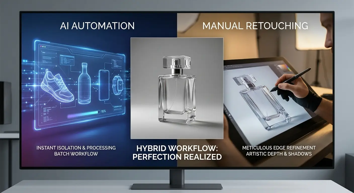 Comparison of AI background removal and manual editing for product photos, showing speed, ease, and precision