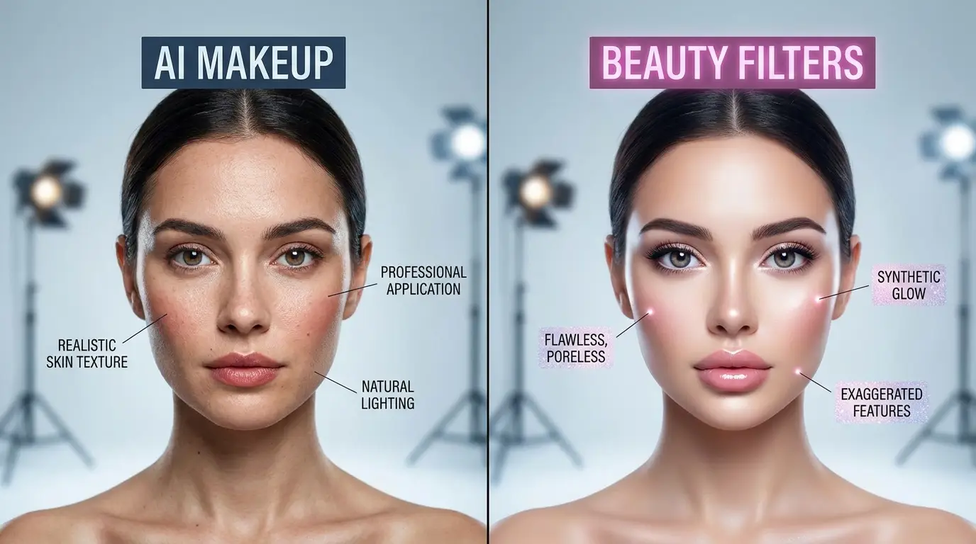 AI Makeup vs Beauty Filters Natural Look Comparison Side-by-side comparison of AI makeup and beauty filters showing differences in skin texture, facial accuracy, lighting, and natural-looking results