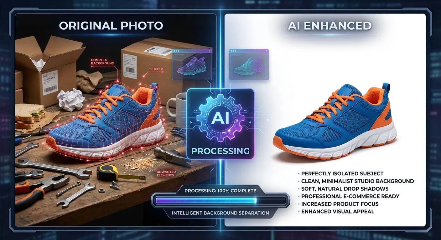 AI removing a product photo background for faster editing, transparent export, and catalog consistency