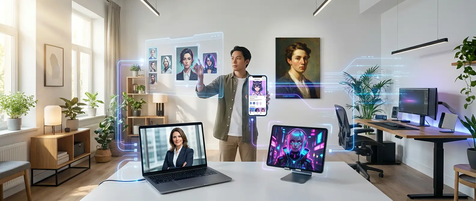 Creative Uses for AI Selfie Art in Digital and Personal Projects Collage showing AI selfie art used for social media profiles, gaming avatars, branding, marketing, and personalized gifts