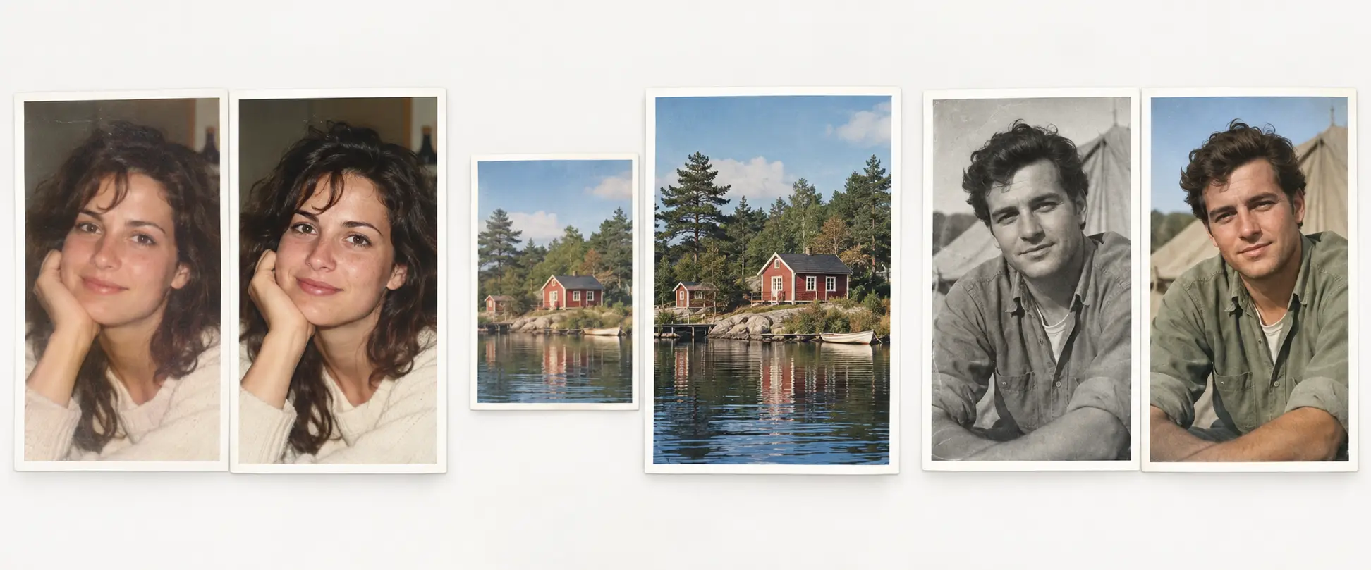Side-by-side examples of face enhancement, photo enlargement, and black-and-white portrait colorization.