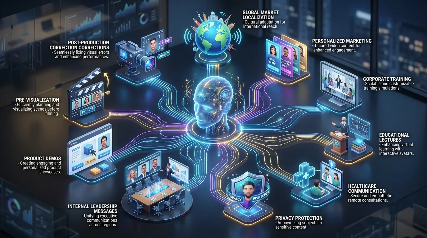 10 Real-World AI Video Face Swap Use Cases for Businesses Illustration showing real-world AI video face swap use cases, including video localization, personalized marketing, employee training, healthcare communication, documentaries, and product demonstrations.