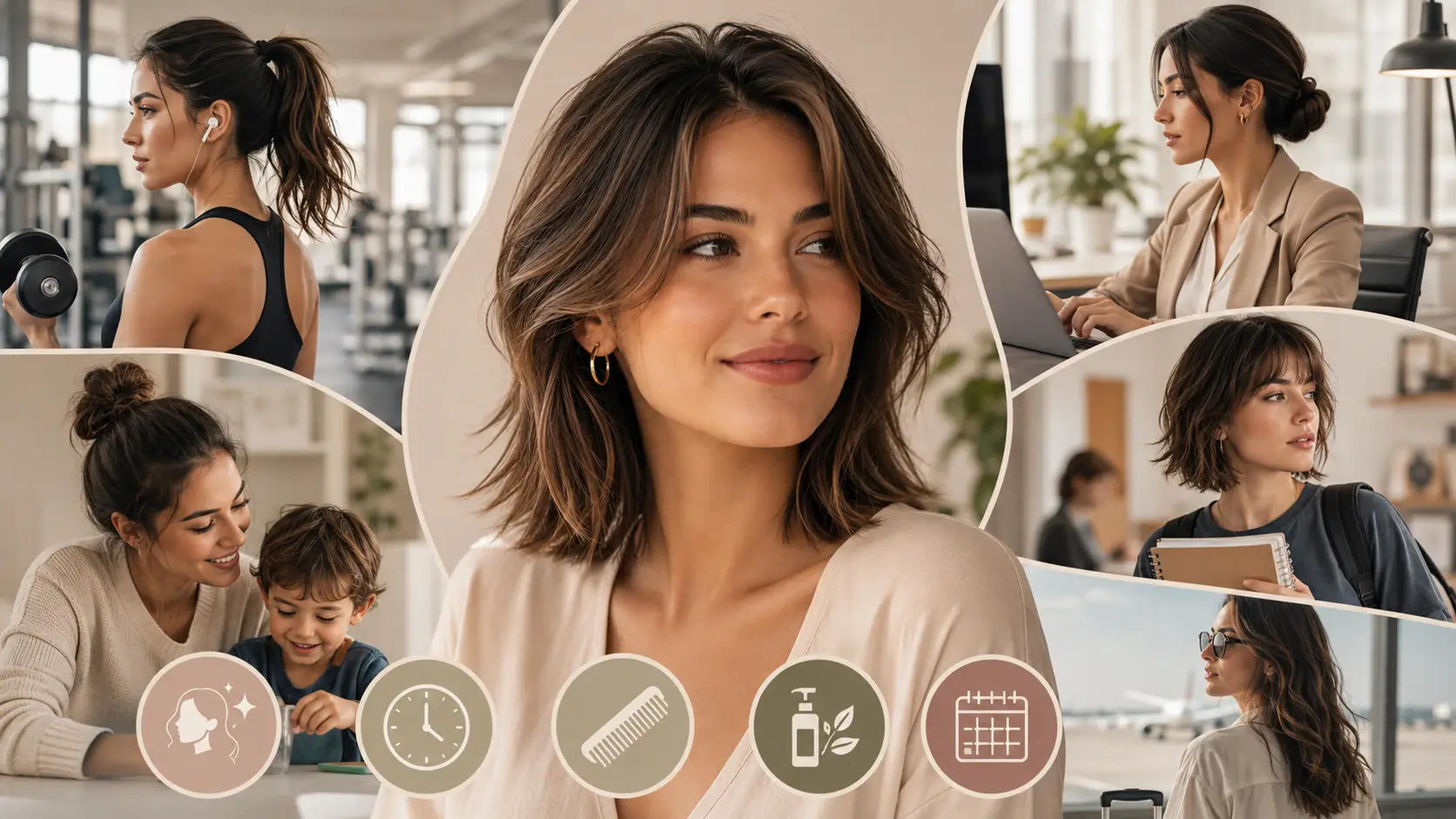 Choose a Hairstyle That Fits Your Everyday Lifestyle Woman comparing practical hairstyle options for work, fitness, parenting, student life, travel, and low-maintenance routines.