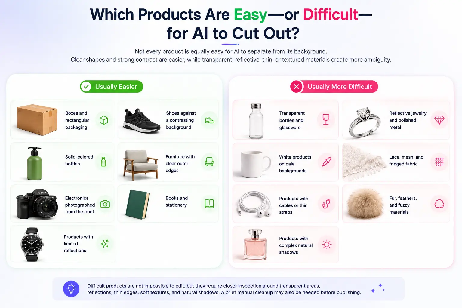 Comparison of easy and difficult products for AI background removal, including boxes, glassware, jewelry, cables, and textured materials