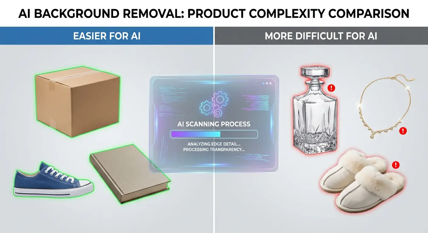 Comparison of easy and difficult products for AI cutouts, including boxes, glassware, jewelry, cables, and fur