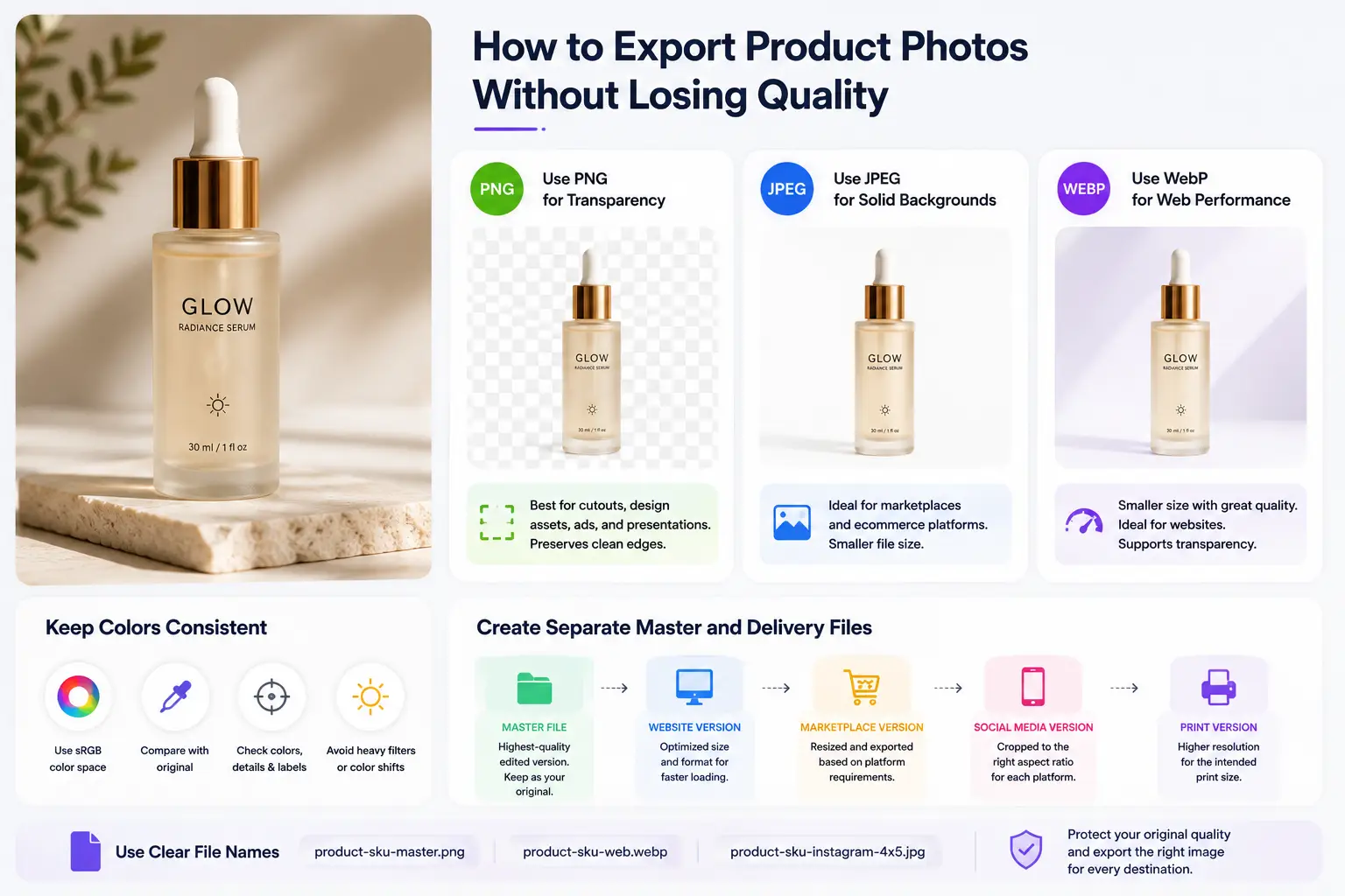 PNG, JPEG, and WebP export options for preserving ecommerce product photo quality