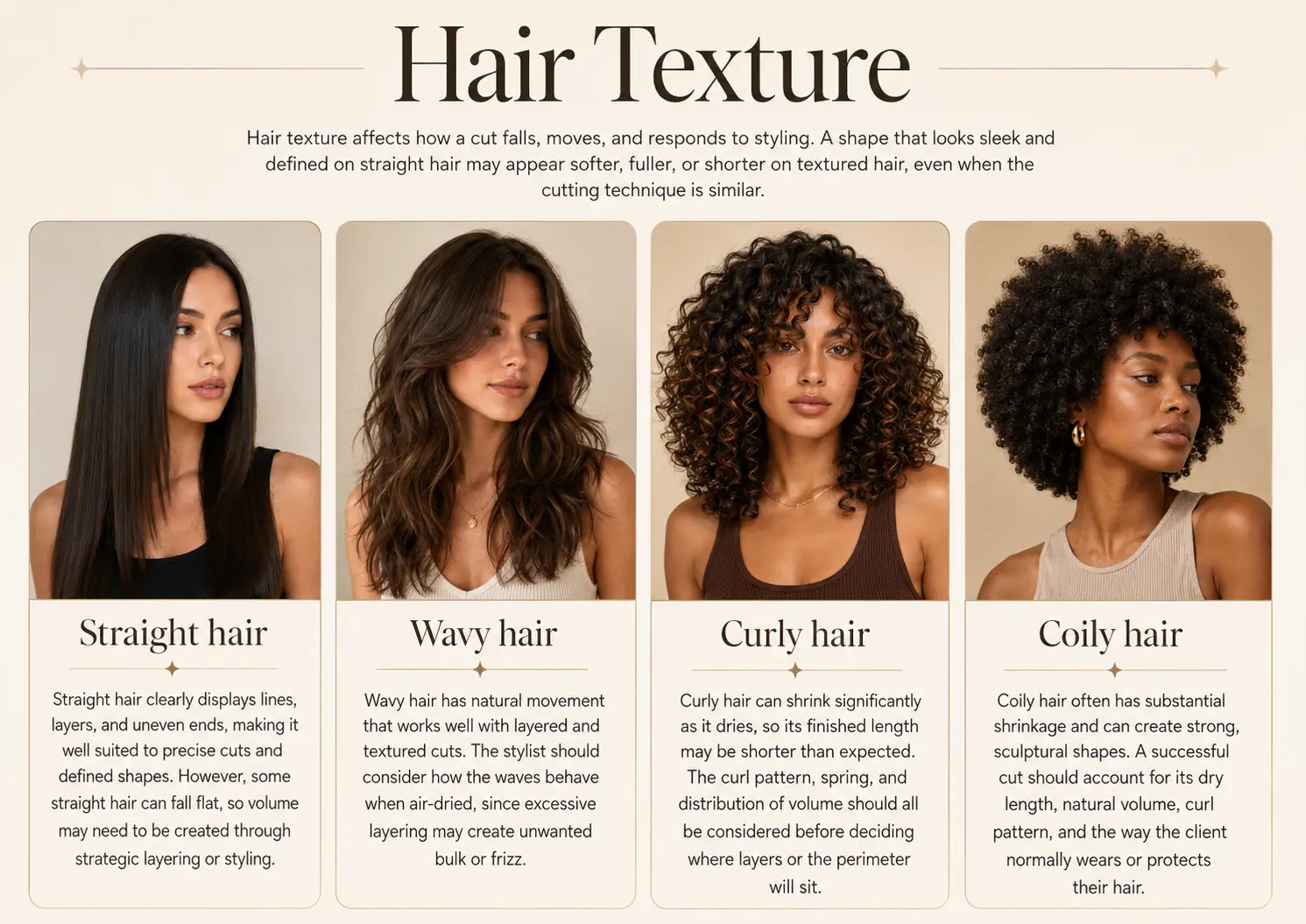 Hair Texture Types and How They Shape Your Haircut Four women showing straight, wavy, curly, and coily hair textures with haircut and styling guidance