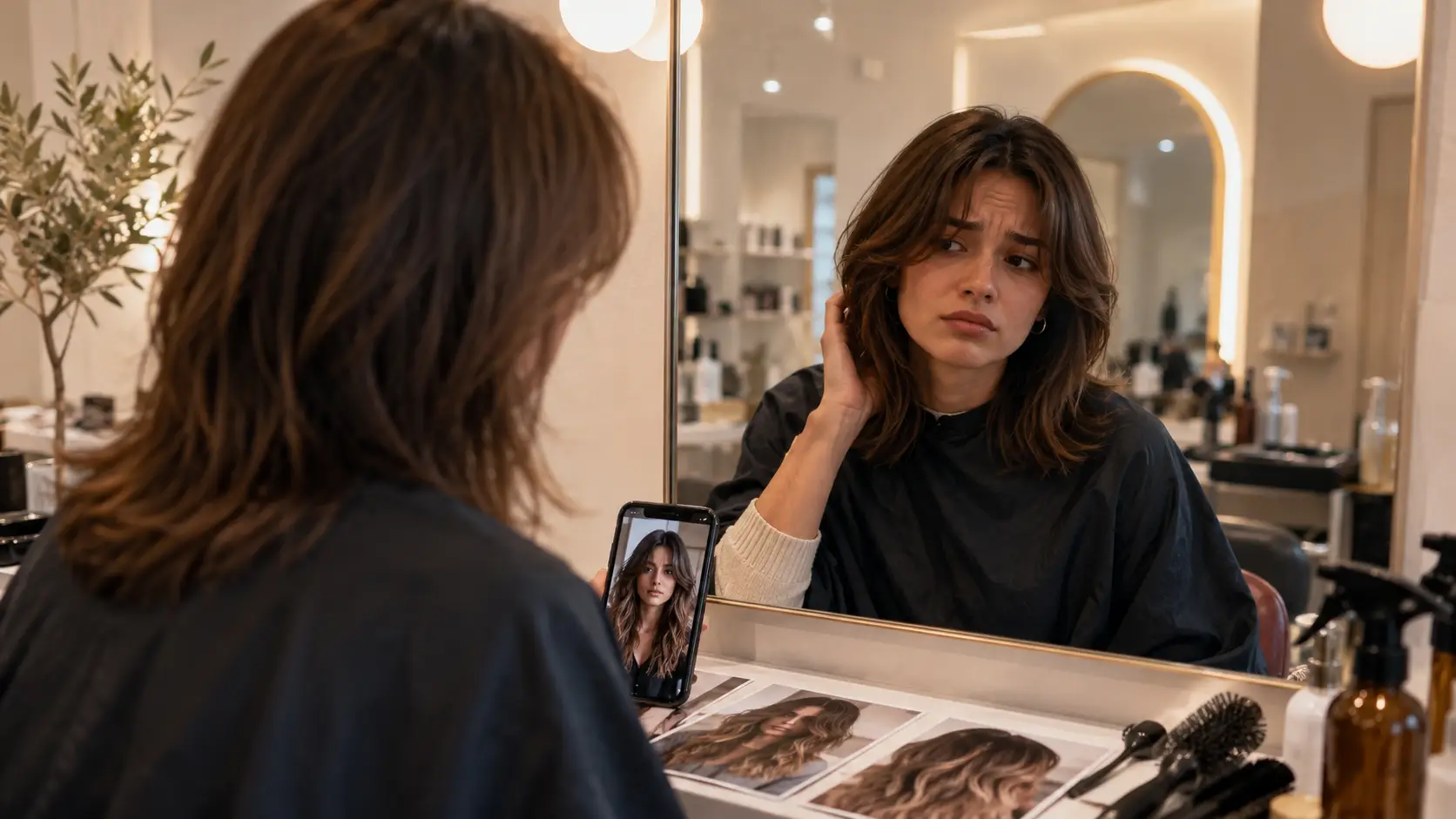 Why People Regret Haircuts After the Salon Visit Woman in a salon looking unhappy with her haircut while comparing it with reference photos