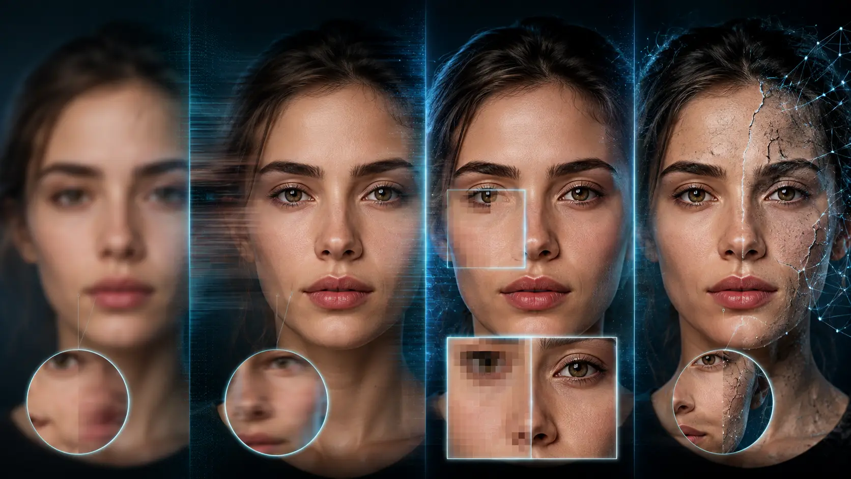 How AI Fixes a Blurry Face Step by Step Illustration showing the stages of AI blurry face enhancement from blur to restored facial detail