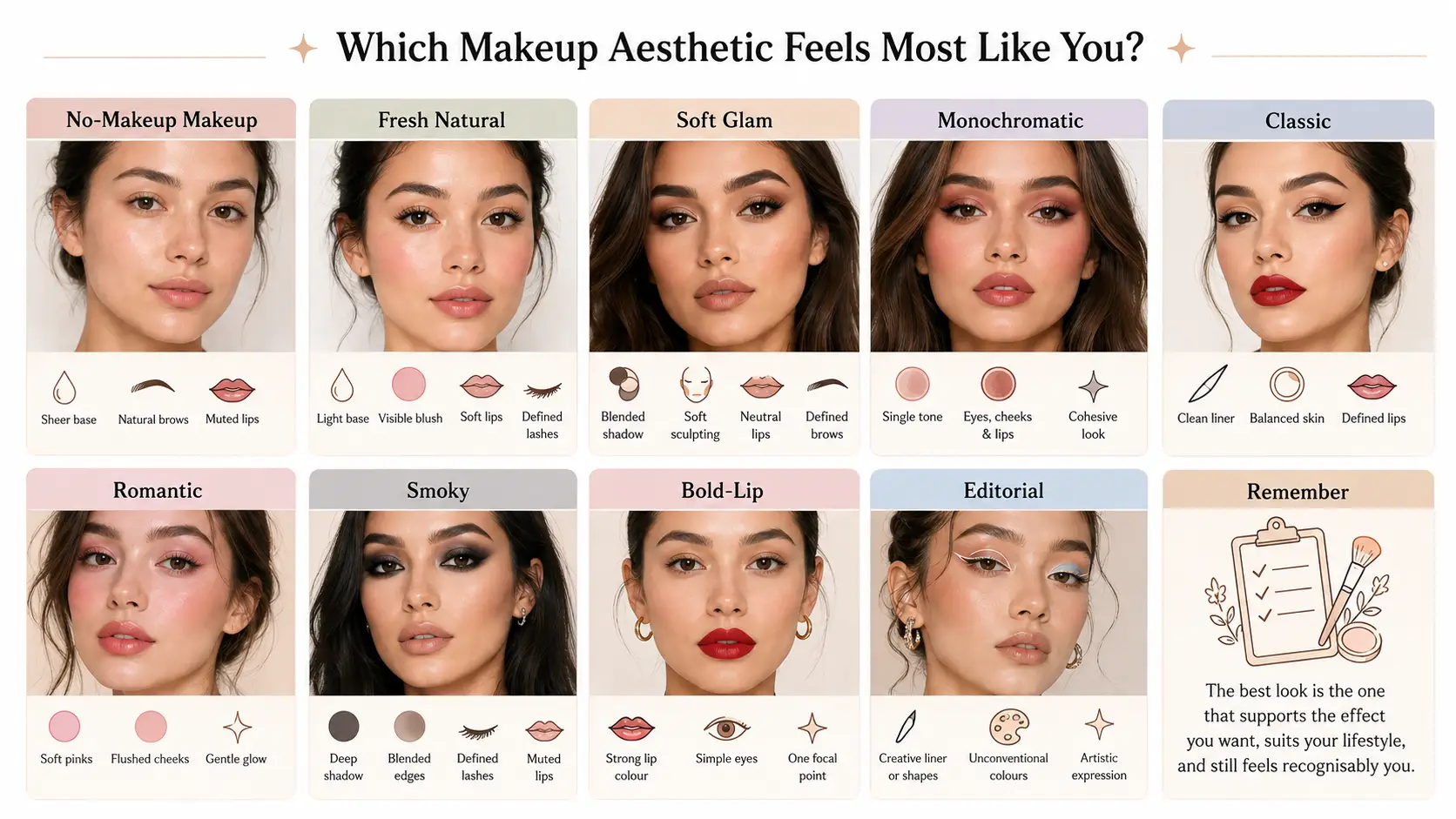 Woman comparing natural, soft-glam, romantic, smoky, bold-lip and editorial makeup styles