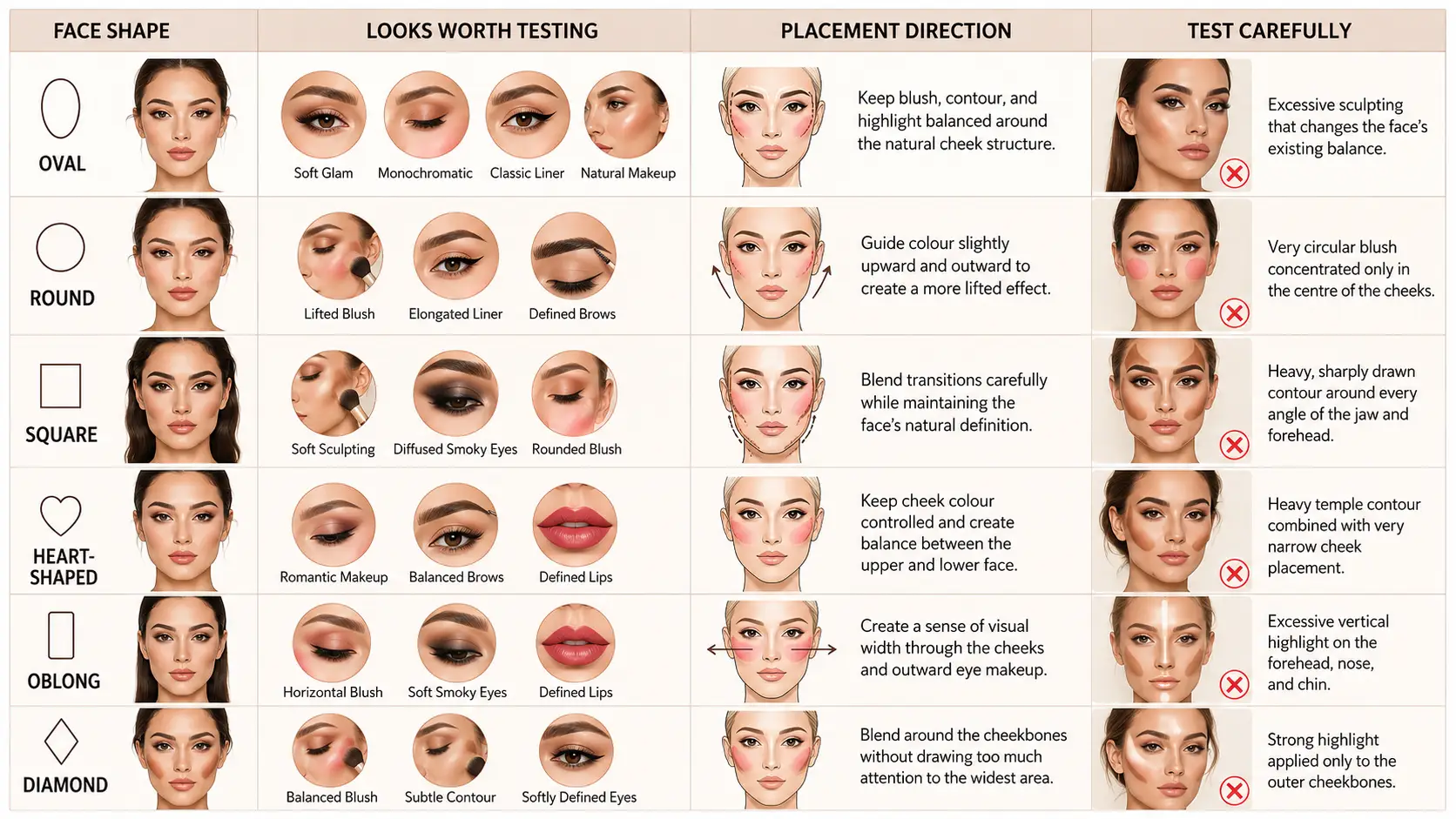 Makeup placement ideas for oval, round, square, heart, oblong and diamond face shapes