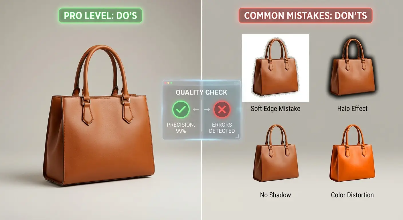 Common product background removal mistakes, including blurry edges, missing shadows, halos, and inconsistent crops