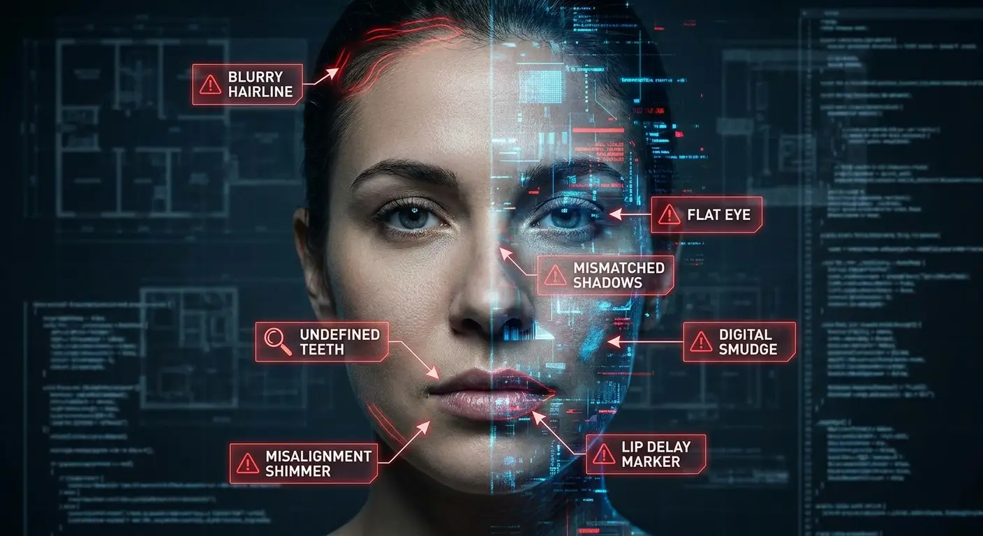 Infographic highlighting eight visual signs of a fake AI face swap, including eye movement, hairline, lip sync, shadows, and skin inconsistencies.