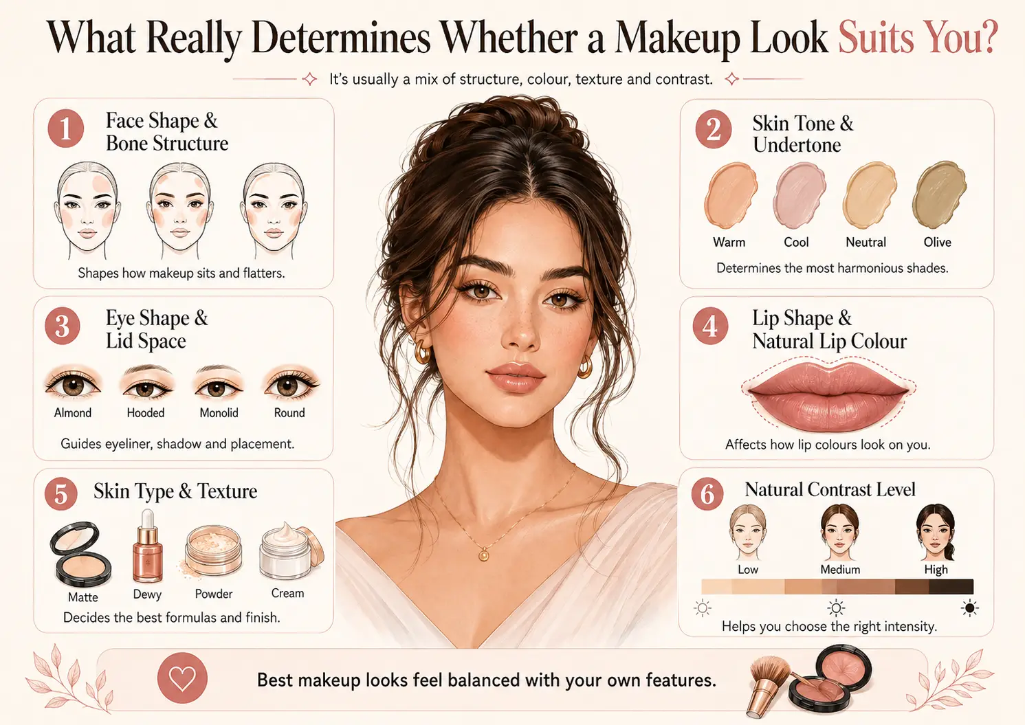 Woman comparing makeup based on face shape, undertone, eye shape, skin texture and natural contrast